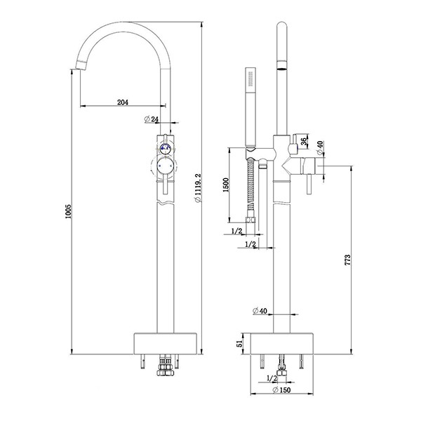 vrijstaande badkraan maattabel